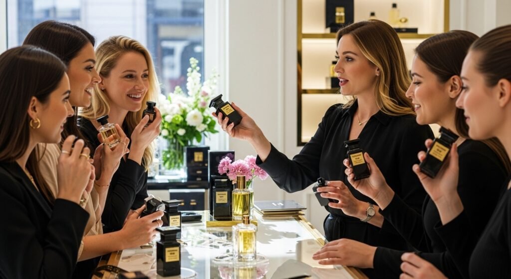 Tom Ford perfume, women testing fragrance, perfume boutique