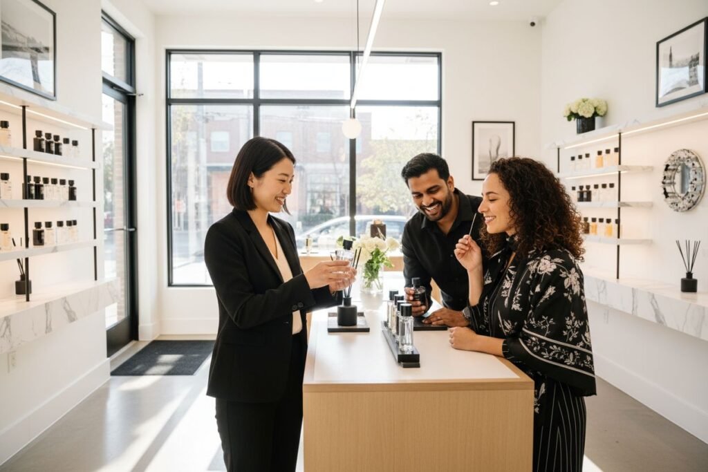 affordable luxury fragrances, perfume shopping, modern boutique